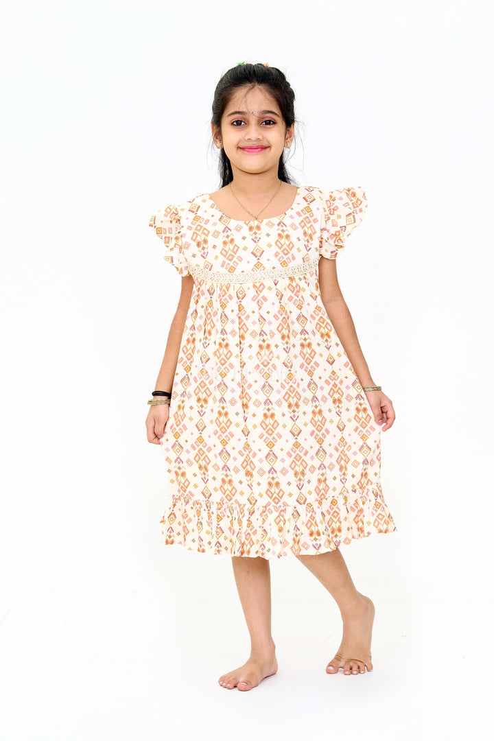 The Nesavu Girls Cotton Frock Elegant Girls Cotton Dress Fashion with Geometric Print and Delicate Lace Design Nesavu Girls Cotton Dress Fashion Geometric Print Lace Yoke Playful Ruffles | The Nesavu