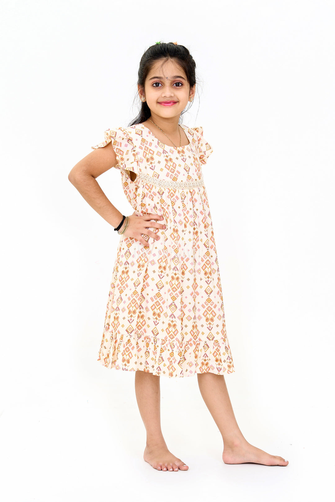 The Nesavu Girls Cotton Frock Elegant Girls Cotton Dress Fashion with Geometric Print and Delicate Lace Design Nesavu Girls Cotton Dress Fashion Geometric Print Lace Yoke Playful Ruffles | The Nesavu