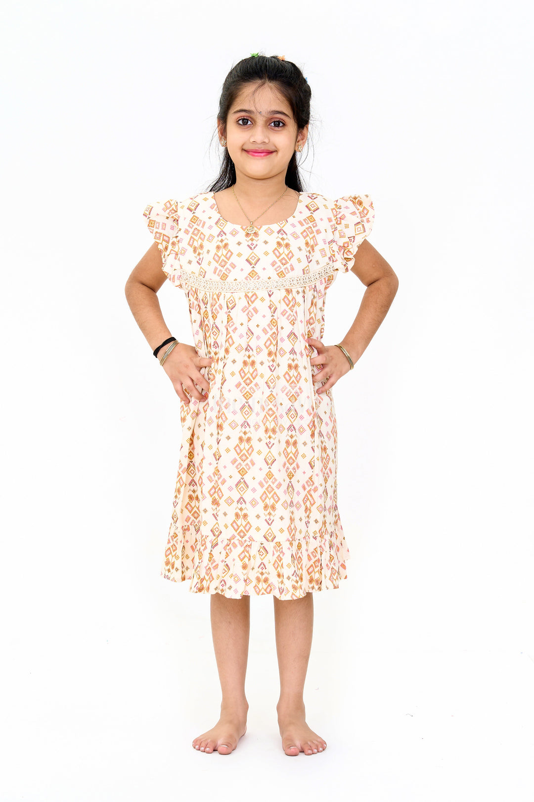 The Nesavu Girls Cotton Frock Elegant Girls Cotton Dress Fashion with Geometric Print and Delicate Lace Design Nesavu Girls Cotton Dress Fashion Geometric Print Lace Yoke Playful Ruffles | The Nesavu