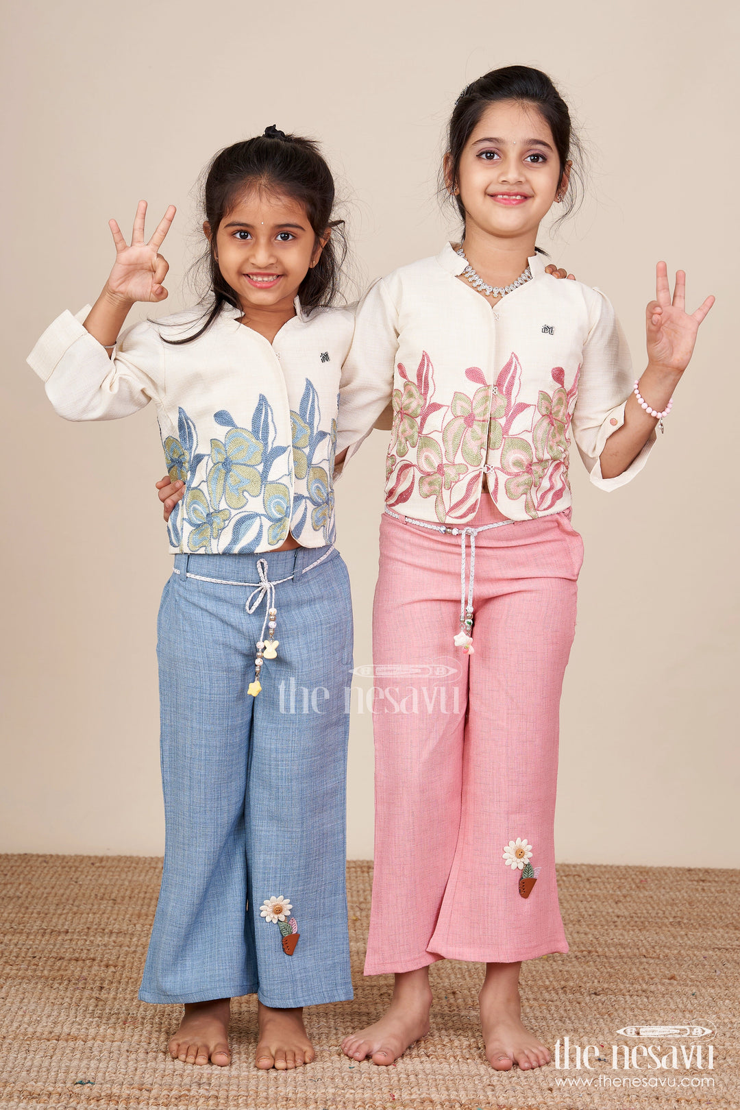 The Nesavu Girls Casual Set Elegant Girls Embroidered Cotton Casual Set with Playful Pant and Top Combo Nesavu Cotton casual set girls embroidery pant  Nesavu traditional fusion outfit