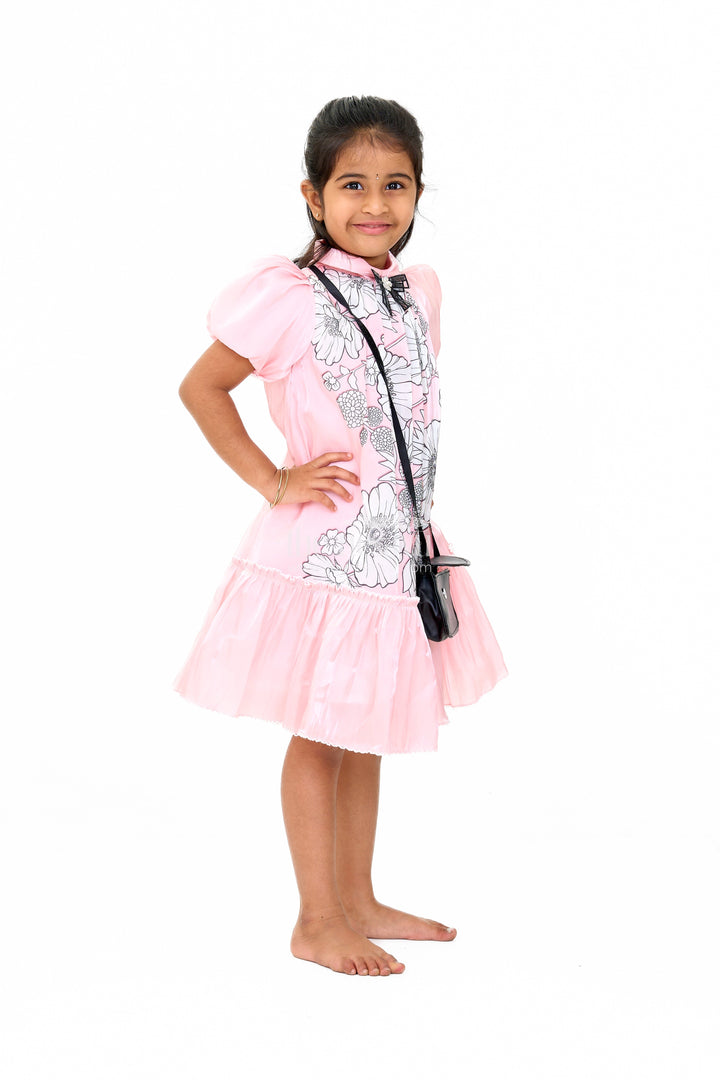 The Nesavu Girls Fancy Frock Elegant Girls Fancy Frock in Pink Georgette Fabric with Floral Print and Ruffled Hemline Nesavu Nesavu Pink Georgette Princess Gown Floral Prints Ruffled Hem Girls