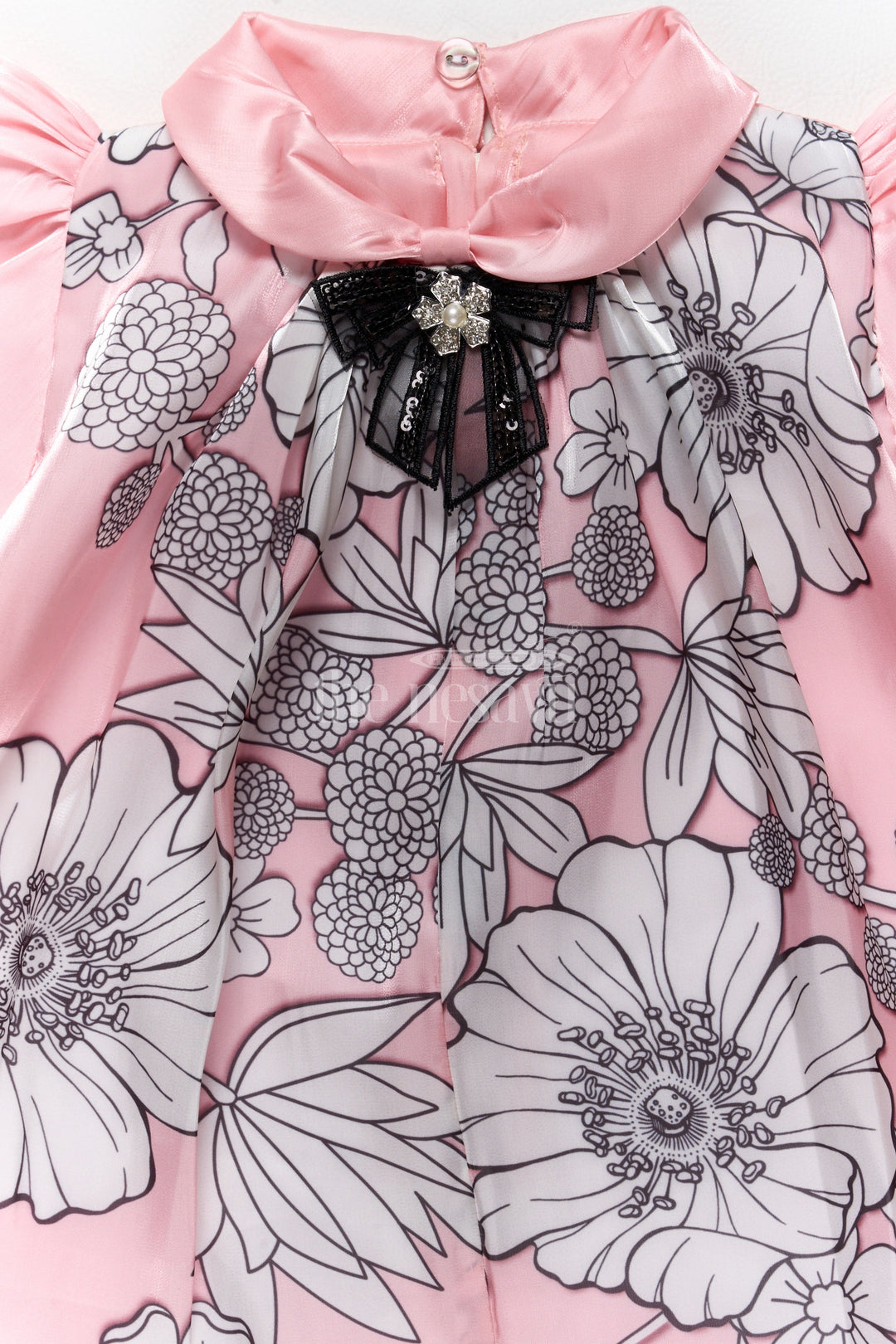 The Nesavu Girls Fancy Frock Elegant Girls Fancy Frock in Pink Georgette Fabric with Floral Print and Ruffled Hemline Nesavu Nesavu Pink Georgette Princess Gown Floral Prints Ruffled Hem Girls