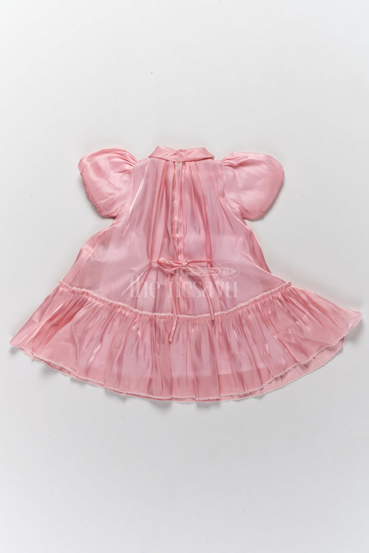 The Nesavu Girls Fancy Frock Elegant Girls Fancy Frock in Pink Georgette Fabric with Floral Print and Ruffled Hemline Nesavu Nesavu Pink Georgette Princess Gown Floral Prints Ruffled Hem Girls