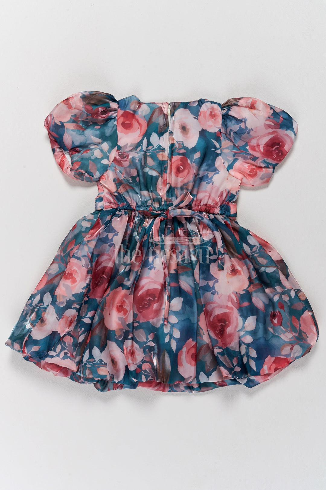 The Nesavu Girls Fancy Frock Elegant Girls Floral Fancy Frock with Puff Sleeves and Satin Belt Nesavu Nesavu Girls Floral Georgette Frock Satin Belt Puff Sleeves