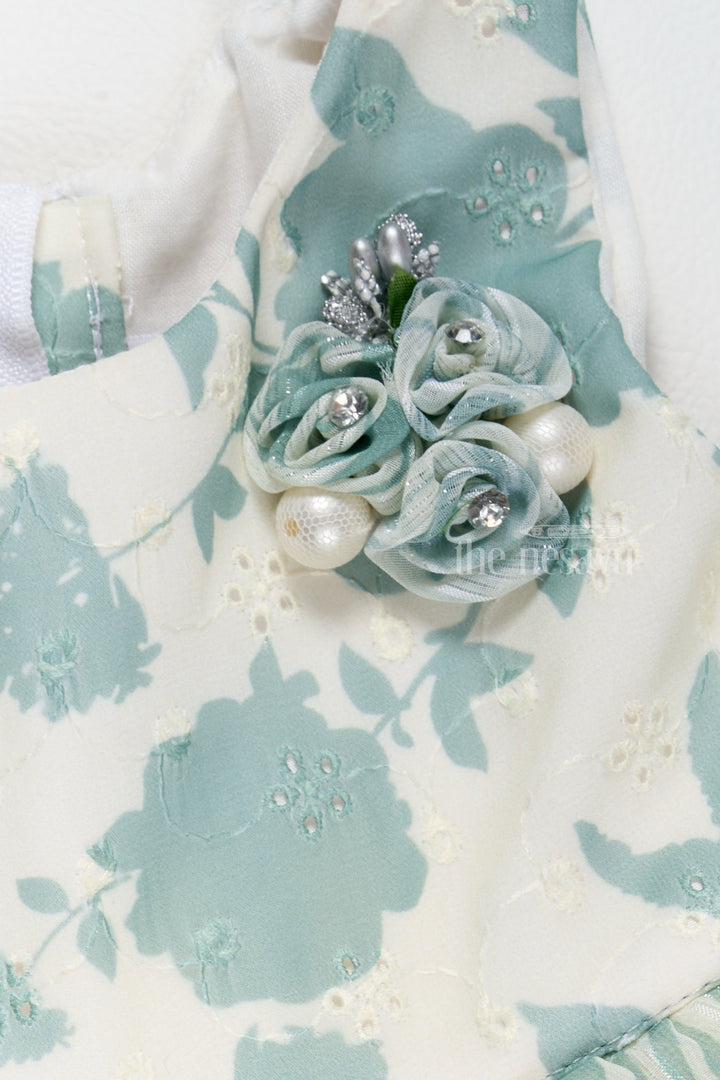 The Nesavu Girls Fancy Frock Elegant Girls Party Wear Fancy Frock in Green with Tiered Layers and Floral Embellishments Nesavu Chic Party Wear Fancy Frock Green Girls Perfect Festive Occasions | The Nesavu