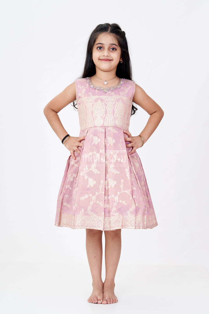 The Nesavu Silk Party Frock Elegant Girls Purple Silk Frock in Gold Tissue Banarasi Jacquard with Traditional Design Nesavu 16 (1Y) / Purple SF976D-16 Girls Purple Silk Frock Banarasi Jacquard Gold Zari Embroidery | The Nesavu