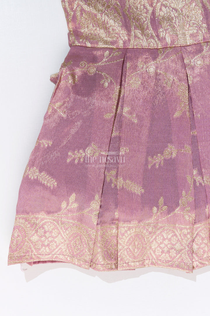 The Nesavu Silk Party Frock Elegant Girls Purple Silk Frock in Gold Tissue Banarasi Jacquard with Traditional Design Nesavu Girls Purple Silk Frock Banarasi Jacquard Gold Zari Embroidery | The Nesavu