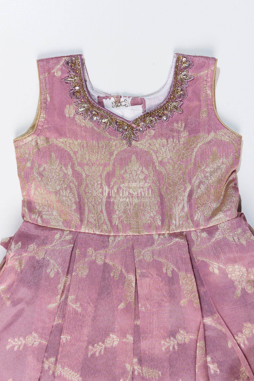 The Nesavu Silk Party Frock Elegant Girls Purple Silk Frock in Gold Tissue Banarasi Jacquard with Traditional Design Nesavu Girls Purple Silk Frock Banarasi Jacquard Gold Zari Embroidery | The Nesavu