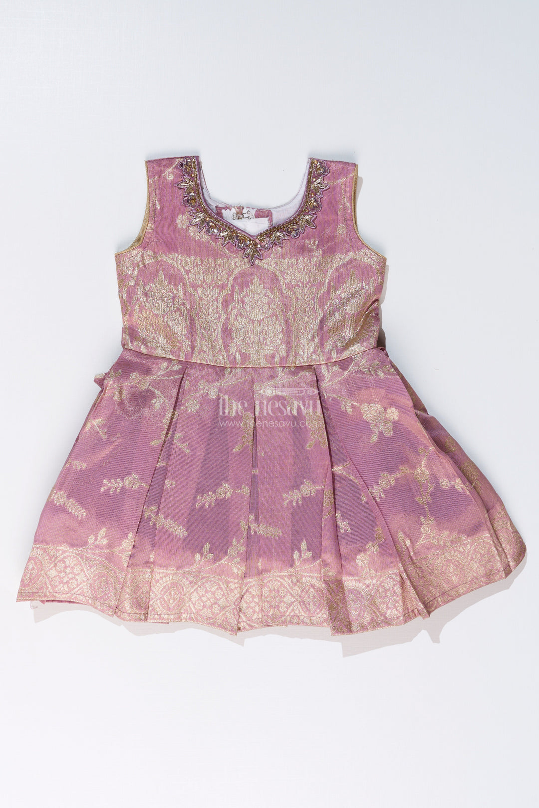 The Nesavu Silk Party Frock Elegant Girls Purple Silk Frock in Gold Tissue Banarasi Jacquard with Traditional Design Nesavu Girls Purple Silk Frock Banarasi Jacquard Gold Zari Embroidery | The Nesavu