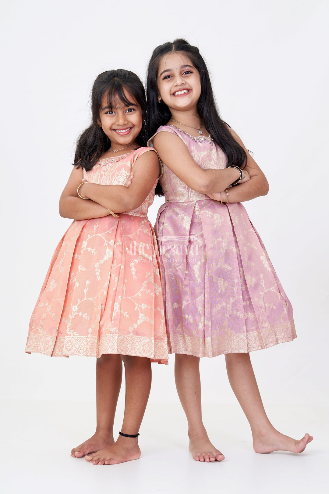 The Nesavu Silk Party Frock Elegant Girls Purple Silk Frock in Gold Tissue Banarasi Jacquard with Traditional Design Nesavu Girls Purple Silk Frock Banarasi Jacquard Gold Zari Embroidery | The Nesavu