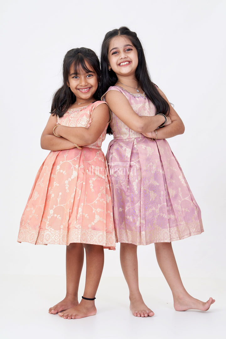 The Nesavu Silk Party Frock Elegant Girls Purple Silk Frock in Gold Tissue Banarasi Jacquard with Traditional Design Nesavu Girls Purple Silk Frock Banarasi Jacquard Gold Zari Embroidery | The Nesavu