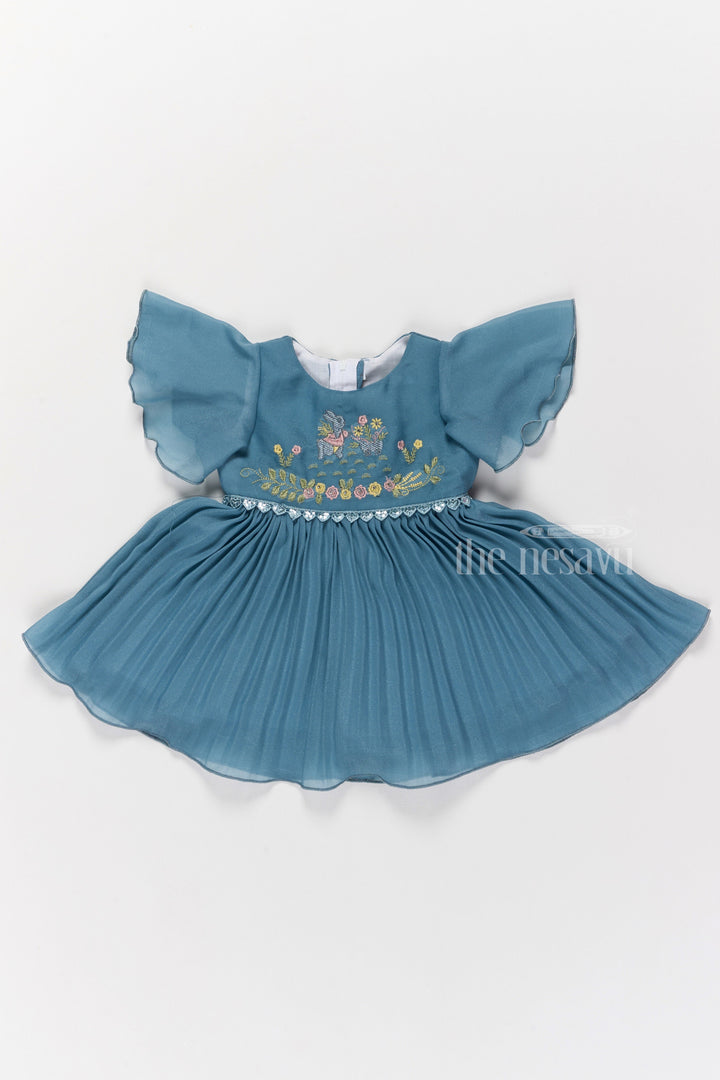 The Nesavu Girls Fancy Frock Elegant Girls Short Frock for Party Wear with Floral Embroidery and Flared Pleats Nesavu 16 (1Y) / Teal GFC1510A-16 Elegant Short Frock Party Wear Girls Party Dress Teal | The Nesavu