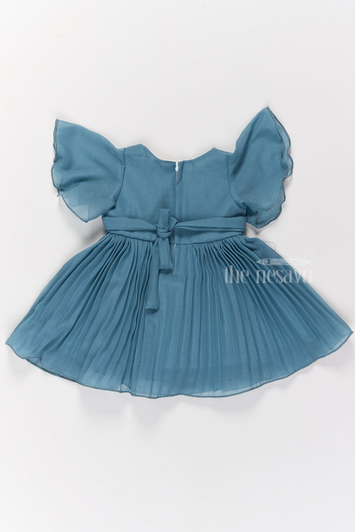 The Nesavu Girls Fancy Frock Elegant Girls Short Frock for Party Wear with Floral Embroidery and Flared Pleats Nesavu Elegant Short Frock Party Wear Girls Party Dress Teal | The Nesavu