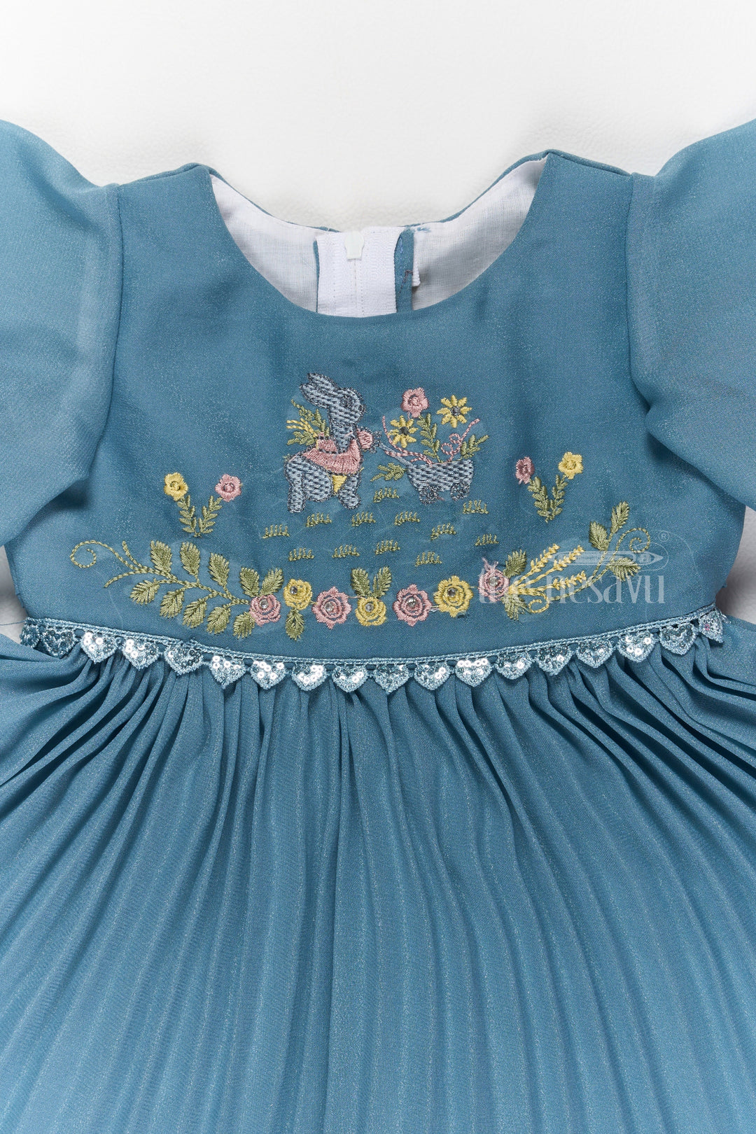 The Nesavu Girls Fancy Frock Elegant Girls Short Frock for Party Wear with Floral Embroidery and Flared Pleats Nesavu Elegant Short Frock Party Wear Girls Party Dress Teal | The Nesavu