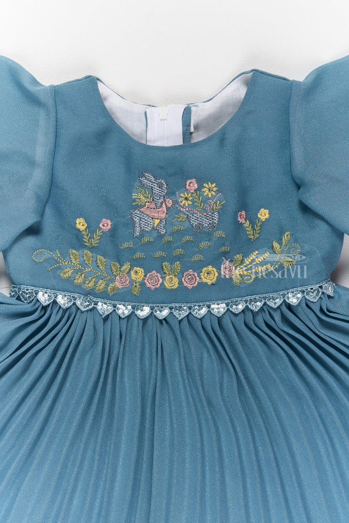 The Nesavu Girls Fancy Frock Elegant Girls Short Frock for Party Wear with Floral Embroidery and Flared Pleats Nesavu Elegant Short Frock Party Wear Girls Party Dress Teal | The Nesavu