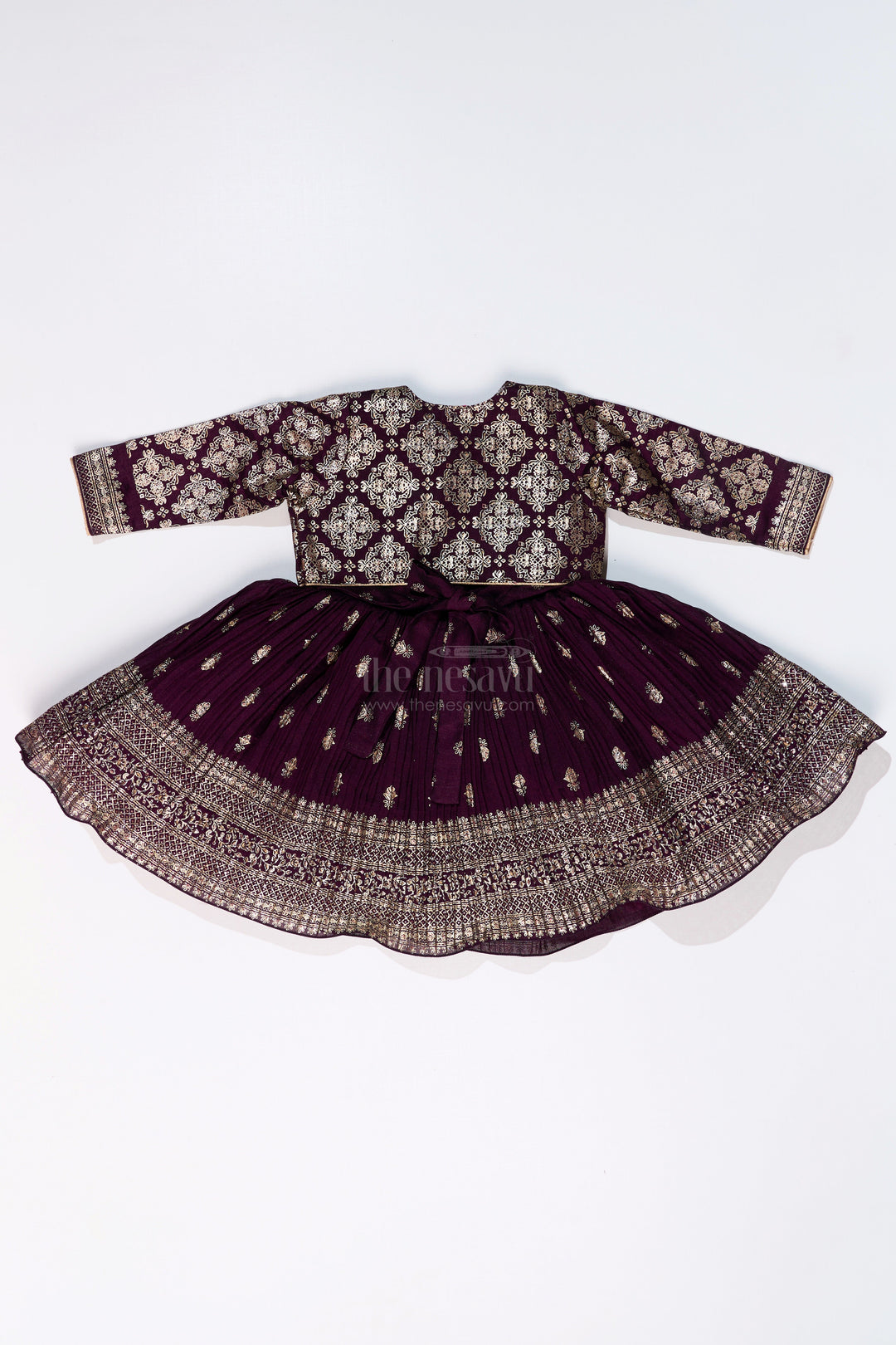 The Nesavu Silk Frock Elegant Girls Silk Dress for Weddings with Gold Foil Prints and Embellished Dupatta Nesavu Girls Silk Dress Weddings Gold Foil Prints Embroidered Dupatta | The Nesavu