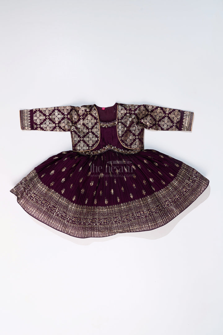 The Nesavu Silk Frock Elegant Girls Silk Dress for Weddings with Gold Foil Prints and Embellished Dupatta Nesavu Girls Silk Dress Weddings Gold Foil Prints Embroidered Dupatta | The Nesavu