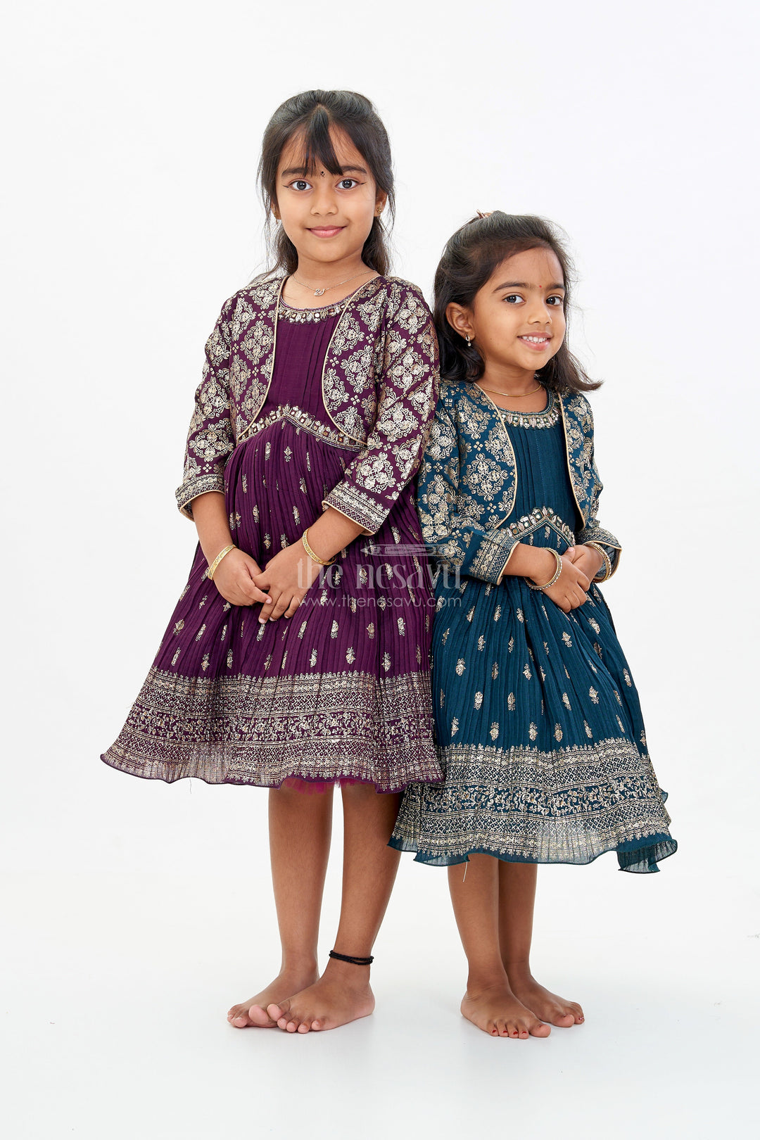 The Nesavu Silk Frock Elegant Girls Silk Dress for Weddings with Gold Foil Prints and Embellished Dupatta Nesavu Girls Silk Dress Weddings Gold Foil Prints Embroidered Dupatta | The Nesavu