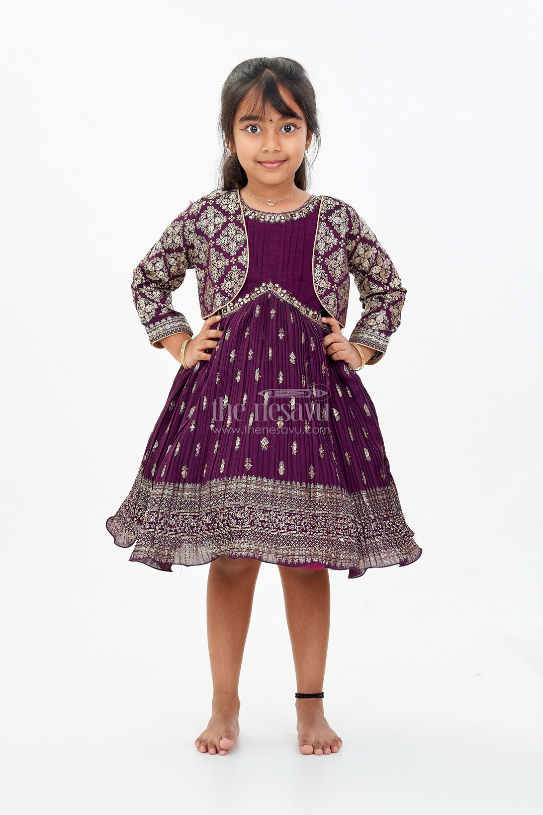 The Nesavu Silk Frock Elegant Girls Silk Dress for Weddings with Gold Foil Prints and Embellished Dupatta Nesavu Girls Silk Dress Weddings Gold Foil Prints Embroidered Dupatta | The Nesavu