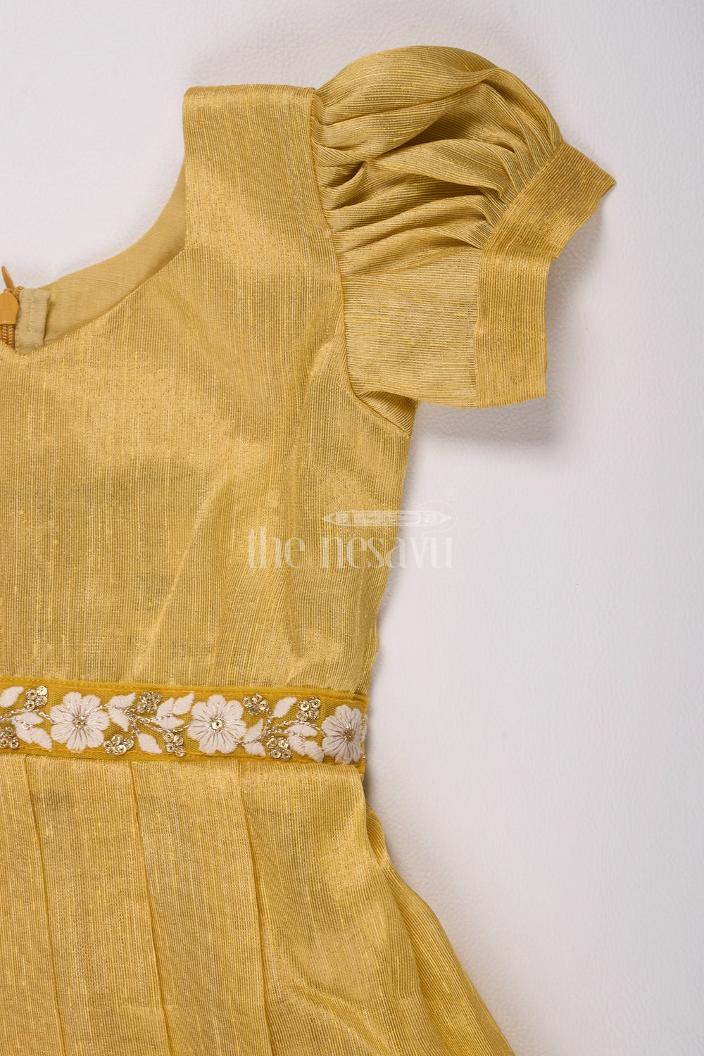 The Nesavu Silk Frock Elegant Girls Silk Dress Frock in Gold Tissue Fabric with Floral Embroidery Nesavu 22 (4Y) / Gold SF935A-22 Nesavu Girls Silk Dress Frock Shimmering Gold Tissue Fabric  Perfect Diwali Formal Celebrations