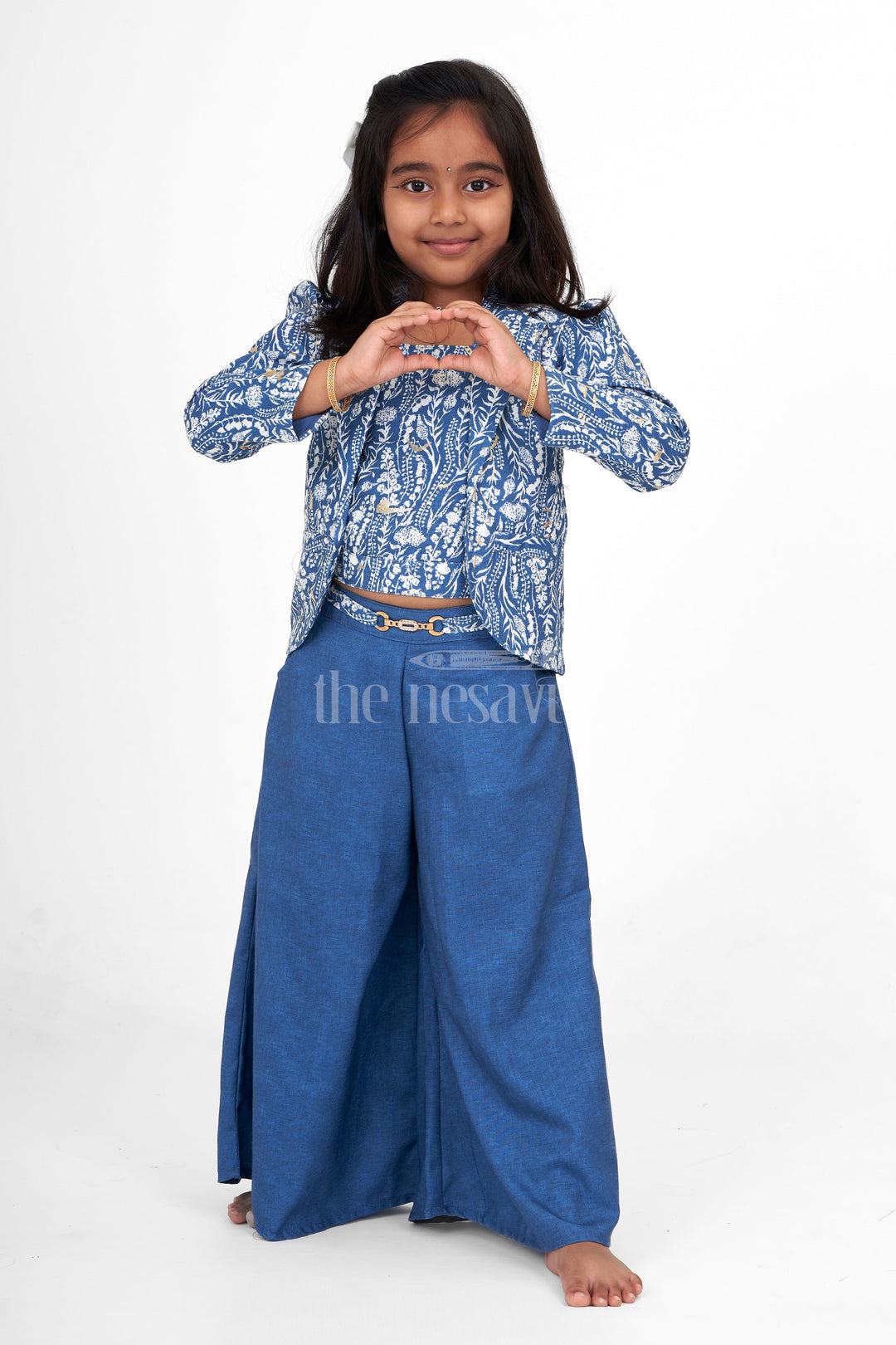 The Nesavu Girls Sharara / Plazo Set Elegant Girls Wedding Sharara Dress in Blue with Printed Blazer and Flowing Palazzo Pants Nesavu 18 (2Y) / Blue GPS456A-18 Nesavu Elegant Girls Blue Wedding Sharara Dress Printed Blazer Palazzo Pants