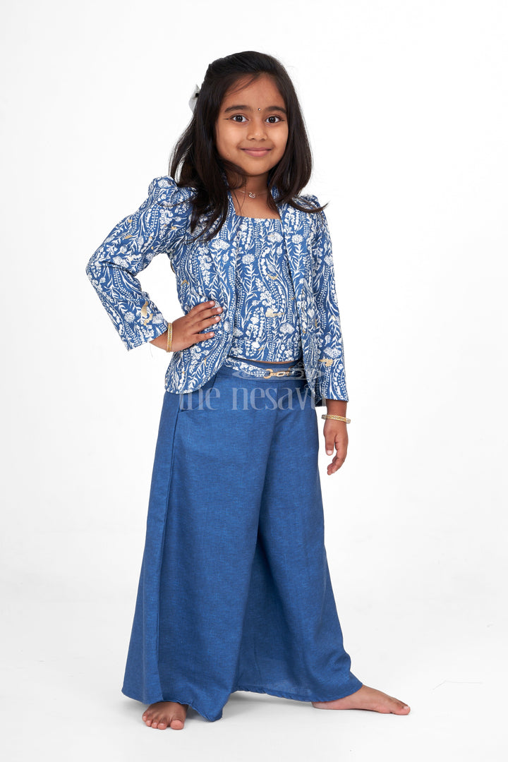 The Nesavu Girls Sharara / Plazo Set Elegant Girls Wedding Sharara Dress in Blue with Printed Blazer and Flowing Palazzo Pants Nesavu Nesavu Elegant Girls Blue Wedding Sharara Dress Printed Blazer Palazzo Pants