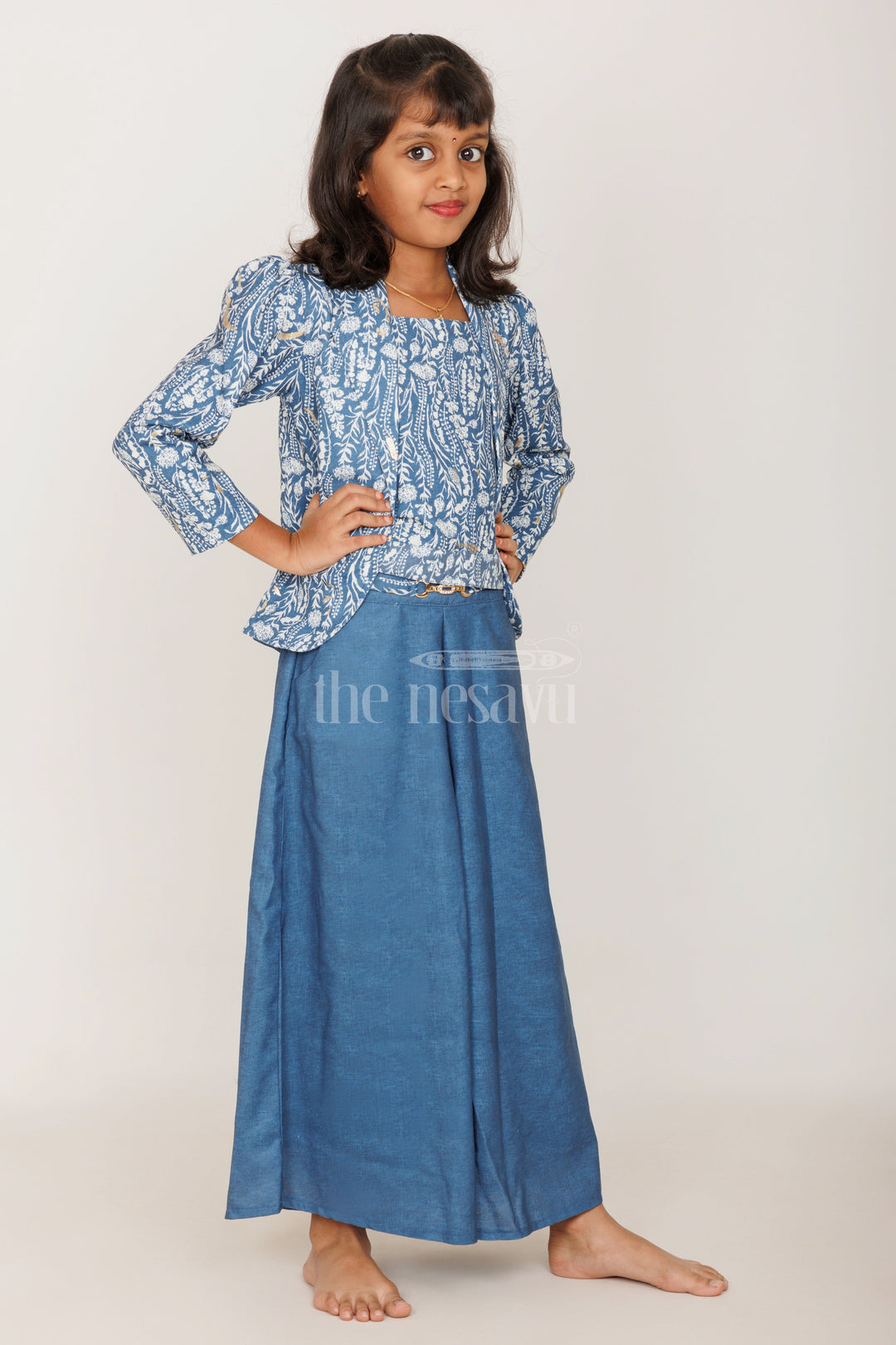 The Nesavu Girls Sharara / Plazo Set Elegant Girls Wedding Sharara Dress in Blue with Printed Blazer and Flowing Palazzo Pants Nesavu Nesavu Elegant Girls Blue Wedding Sharara Dress Printed Blazer Palazzo Pants