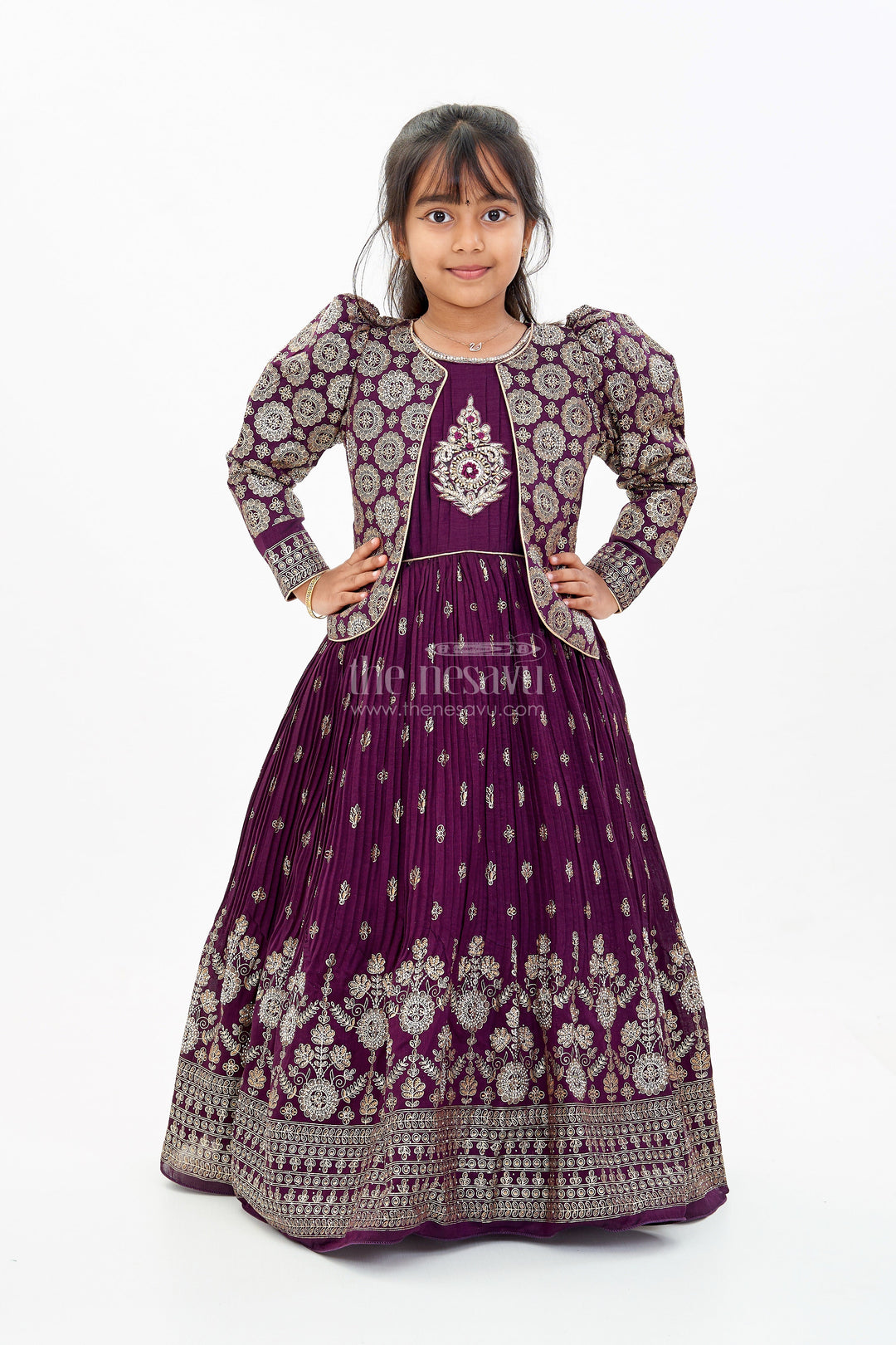 The Nesavu Girls Silk Gown Elegant Girls Wedding Wear Gown in Rich Blend Silk with Foil Prints and Intricate Embroidery Nesavu 24 (5Y) / Purple GA297B-24 Girls Wedding Wear Gown Blend Silk Foil Prints Embellished Yoke | The Nesavu