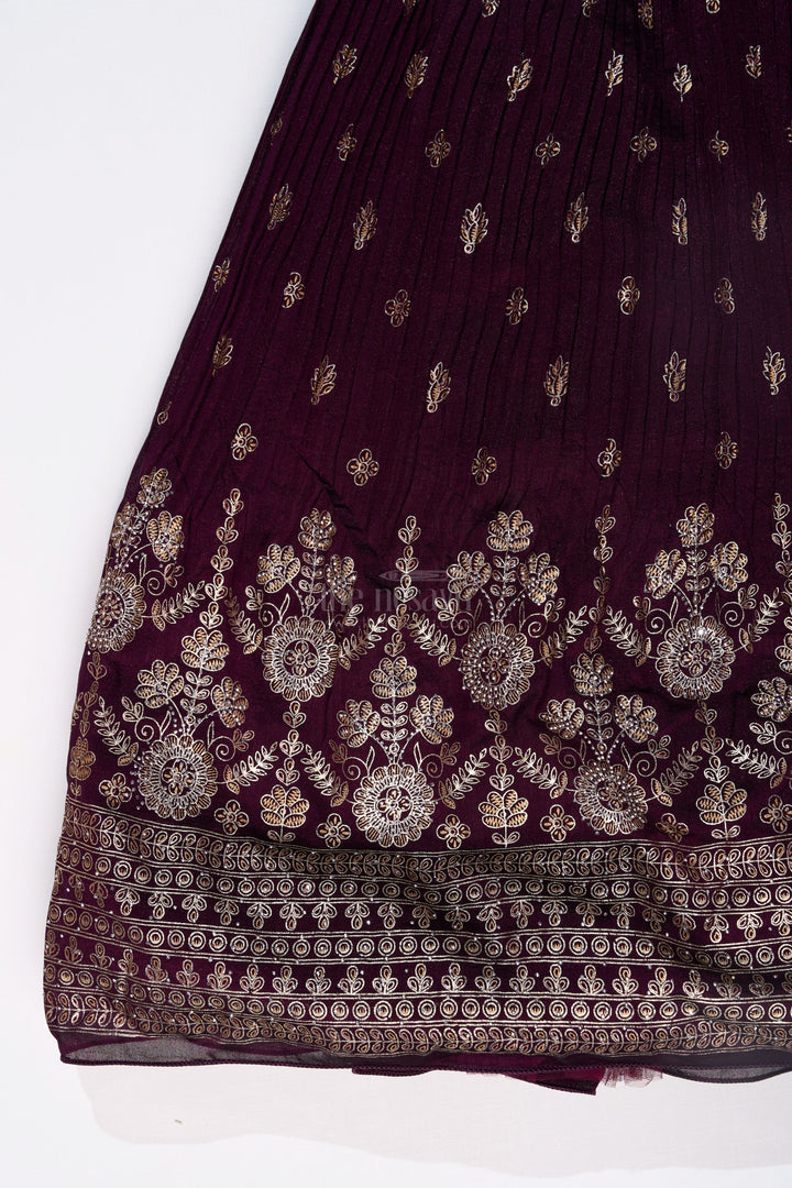 The Nesavu Girls Silk Gown Elegant Girls Wedding Wear Gown in Rich Blend Silk with Foil Prints and Intricate Embroidery Nesavu Girls Wedding Wear Gown Blend Silk Foil Prints Embellished Yoke | The Nesavu