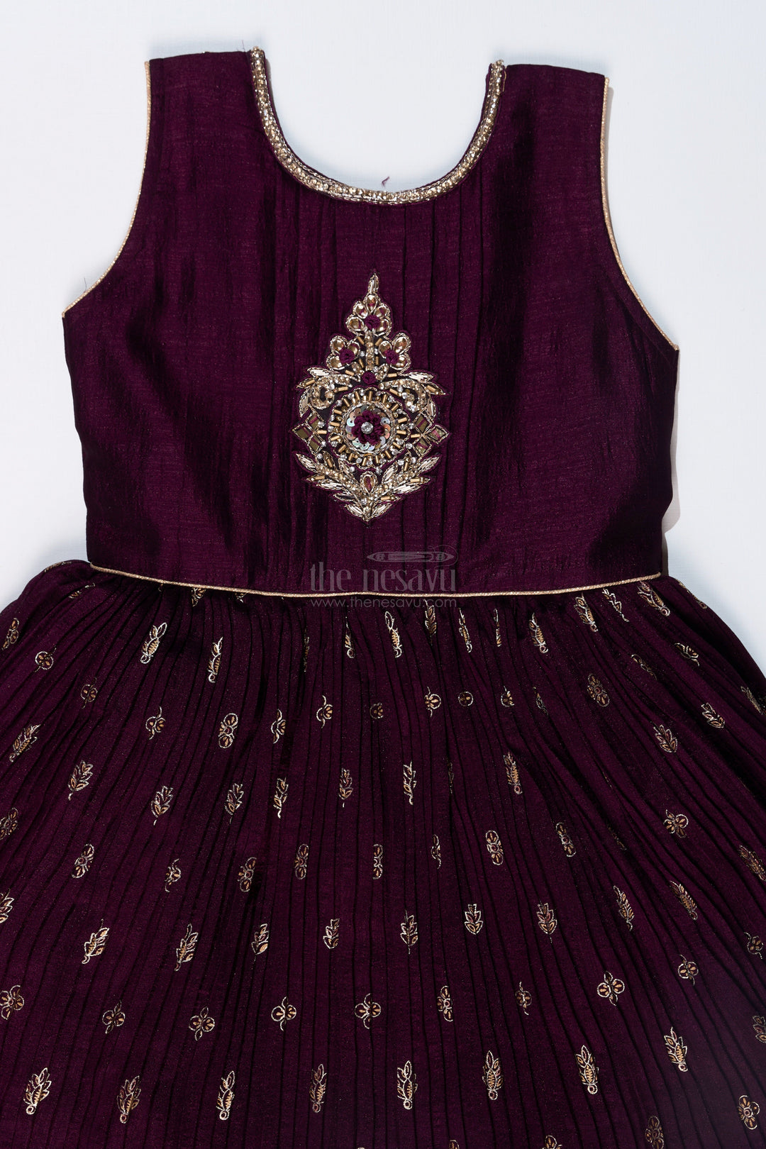 The Nesavu Girls Silk Gown Elegant Girls Wedding Wear Gown in Rich Blend Silk with Foil Prints and Intricate Embroidery Nesavu Girls Wedding Wear Gown Blend Silk Foil Prints Embellished Yoke | The Nesavu