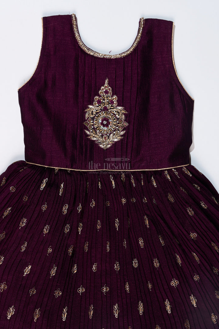 The Nesavu Girls Silk Gown Elegant Girls Wedding Wear Gown in Rich Blend Silk with Foil Prints and Intricate Embroidery Nesavu Girls Wedding Wear Gown Blend Silk Foil Prints Embellished Yoke | The Nesavu