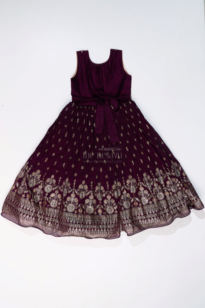 The Nesavu Girls Silk Gown Elegant Girls Wedding Wear Gown in Rich Blend Silk with Foil Prints and Intricate Embroidery Nesavu Girls Wedding Wear Gown Blend Silk Foil Prints Embellished Yoke | The Nesavu