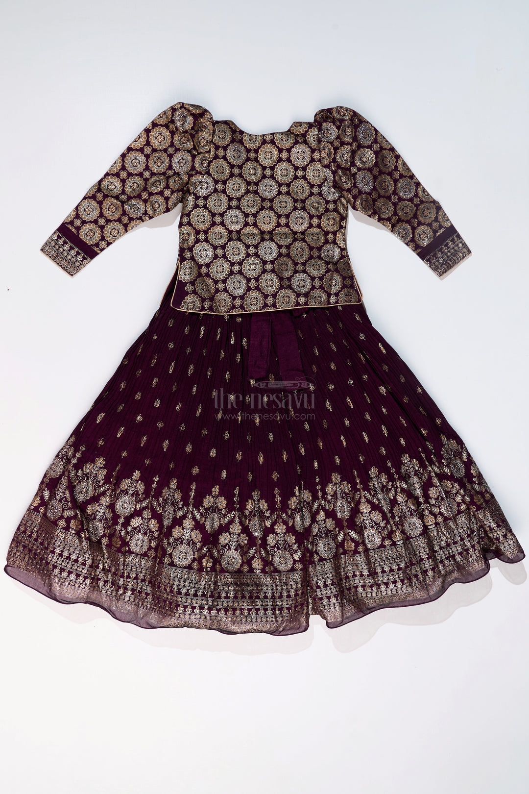 The Nesavu Girls Silk Gown Elegant Girls Wedding Wear Gown in Rich Blend Silk with Foil Prints and Intricate Embroidery Nesavu Girls Wedding Wear Gown Blend Silk Foil Prints Embellished Yoke | The Nesavu