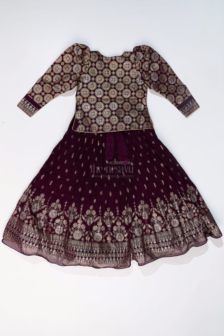 The Nesavu Girls Silk Gown Elegant Girls Wedding Wear Gown in Rich Blend Silk with Foil Prints and Intricate Embroidery Nesavu Girls Wedding Wear Gown Blend Silk Foil Prints Embellished Yoke | The Nesavu