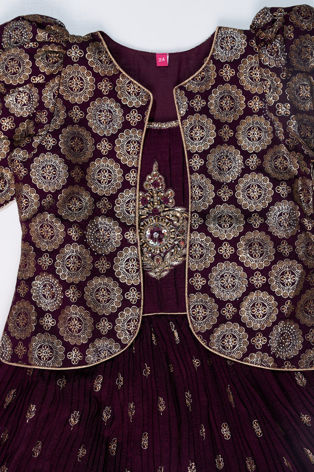 The Nesavu Girls Silk Gown Elegant Girls Wedding Wear Gown in Rich Blend Silk with Foil Prints and Intricate Embroidery Nesavu Girls Wedding Wear Gown Blend Silk Foil Prints Embellished Yoke | The Nesavu