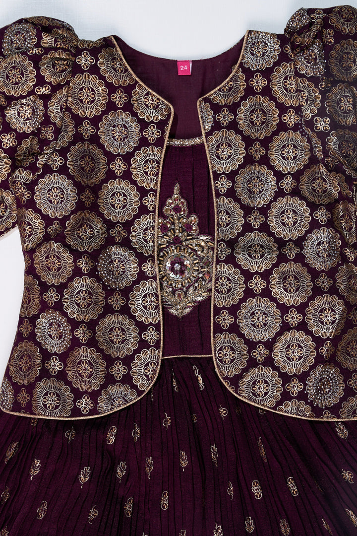 The Nesavu Girls Silk Gown Elegant Girls Wedding Wear Gown in Rich Blend Silk with Foil Prints and Intricate Embroidery Nesavu Girls Wedding Wear Gown Blend Silk Foil Prints Embellished Yoke | The Nesavu