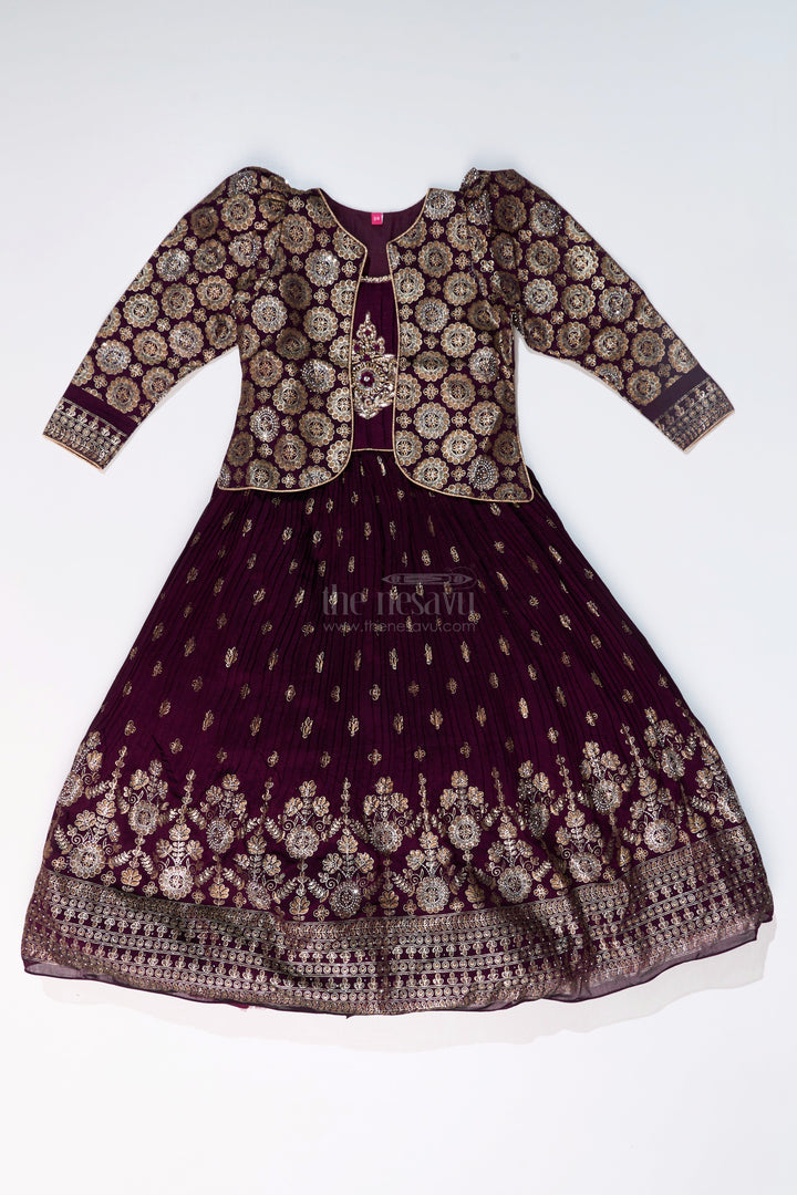 The Nesavu Girls Silk Gown Elegant Girls Wedding Wear Gown in Rich Blend Silk with Foil Prints and Intricate Embroidery Nesavu Girls Wedding Wear Gown Blend Silk Foil Prints Embellished Yoke | The Nesavu