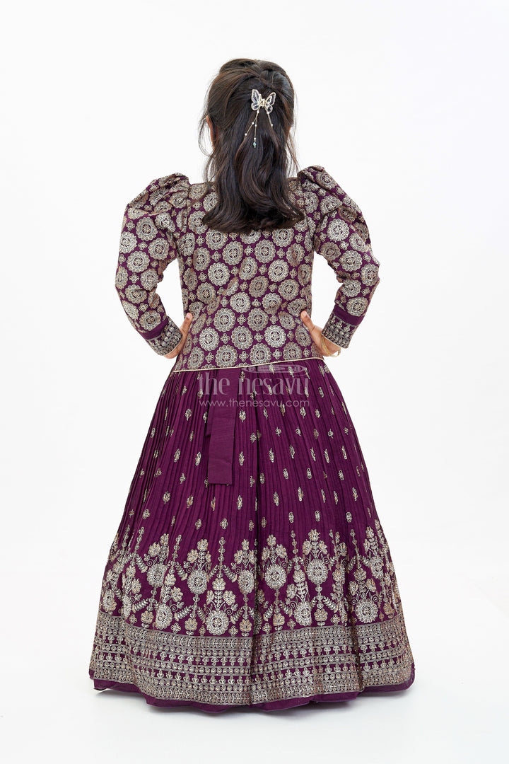 The Nesavu Girls Silk Gown Elegant Girls Wedding Wear Gown in Rich Blend Silk with Foil Prints and Intricate Embroidery Nesavu Girls Wedding Wear Gown Blend Silk Foil Prints Embellished Yoke | The Nesavu