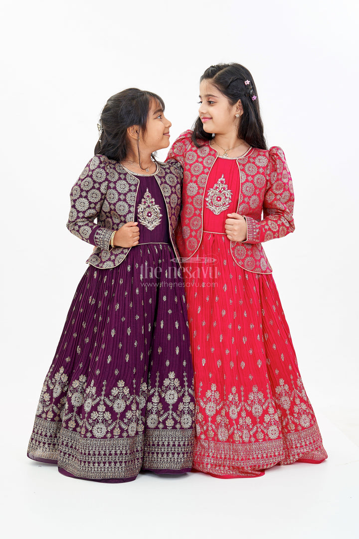 The Nesavu Girls Silk Gown Elegant Girls Wedding Wear Gown in Rich Blend Silk with Foil Prints and Intricate Embroidery Nesavu Girls Wedding Wear Gown Blend Silk Foil Prints Embellished Yoke | The Nesavu