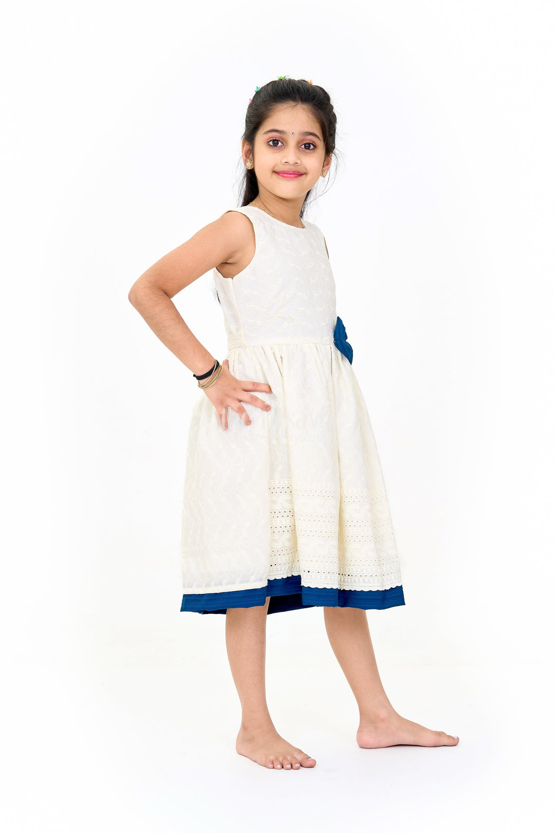 The Nesavu Girls Cotton Frock Elegant Girls White Hakoba Cotton Frock with Contrasting Bow and Delicate Detailing Nesavu Girls White Hakoba Cotton Frock Contrasting Bow Elegant Embroidery | The Nesavu