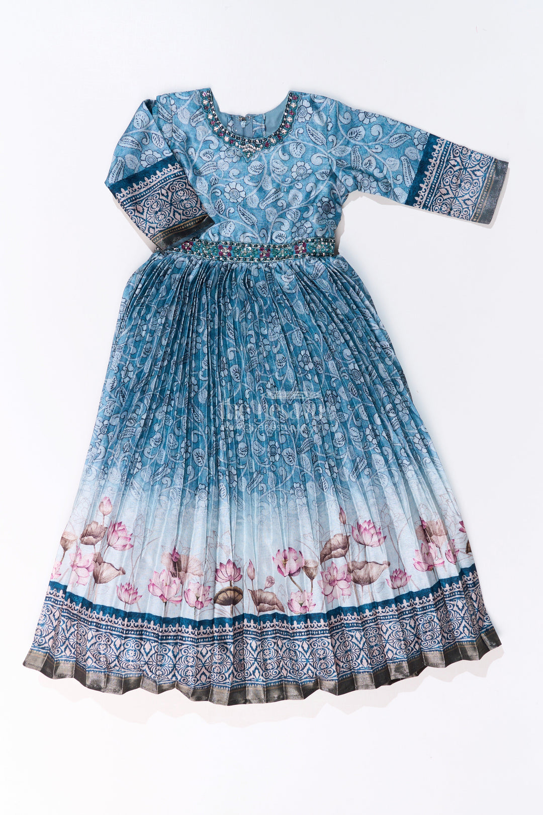 The Nesavu Girls Party Gown Elegant Glitter Gown for Girls with Pichwai Theme Semi Raw Silk and Floral Motifs Nesavu 24 (5Y) / Blue GA295A-24 Elegant Glitter Gown Girls Pichwai Theme Semi Raw Silk Floral Motifs | The Nesavu