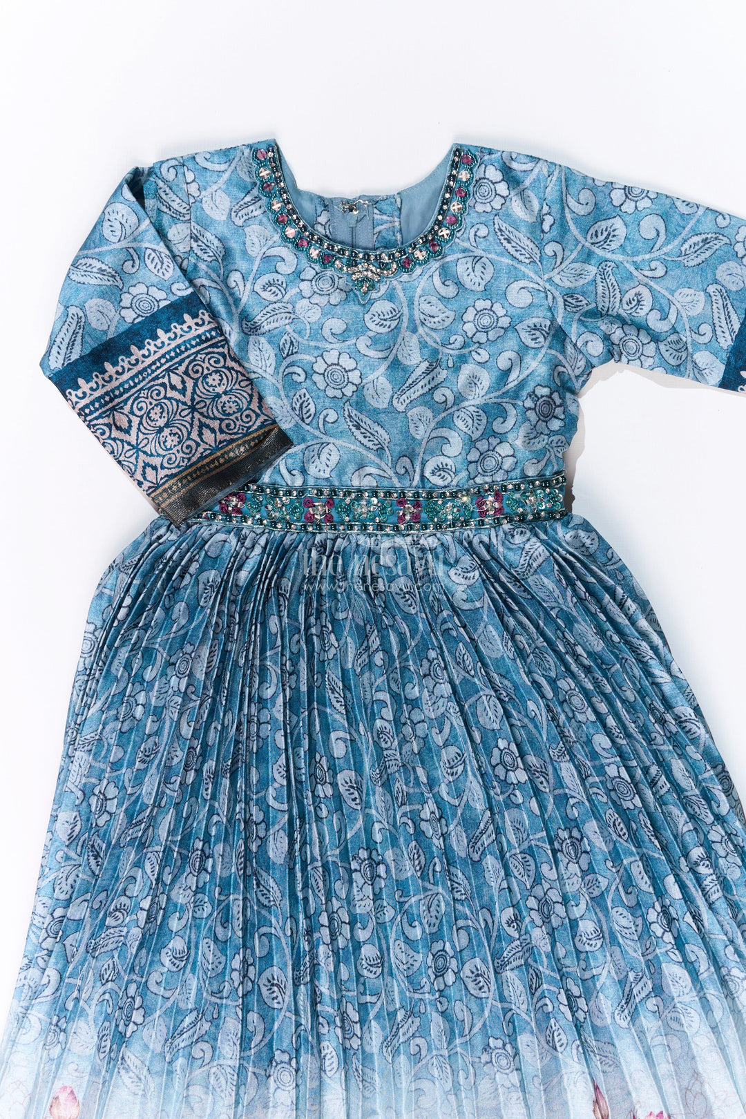 The Nesavu Girls Party Gown Elegant Glitter Gown for Girls with Pichwai Theme Semi Raw Silk and Floral Motifs Nesavu Elegant Glitter Gown Girls Pichwai Theme Semi Raw Silk Floral Motifs | The Nesavu