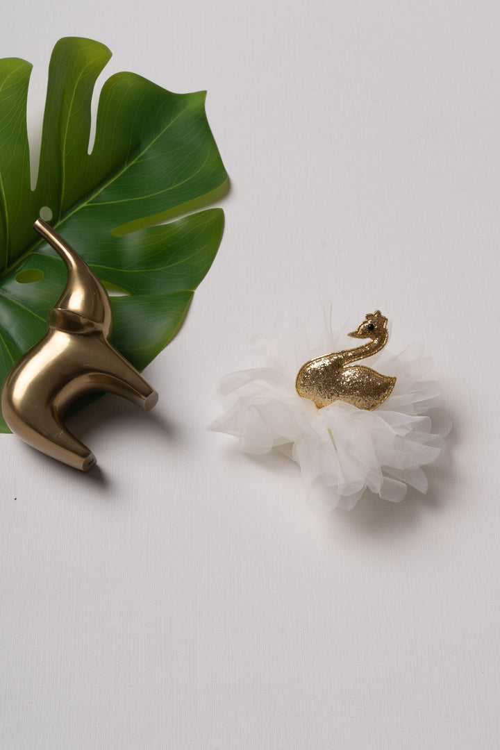 The Nesavu Hair Clip Elegant Golden Swan White Tulle Hair Clip for Girls Nesavu Half white JHCL67C Golden Swan White Tulle Hair Clip for Girls | Elegant Hair Accessories | The Nesavu