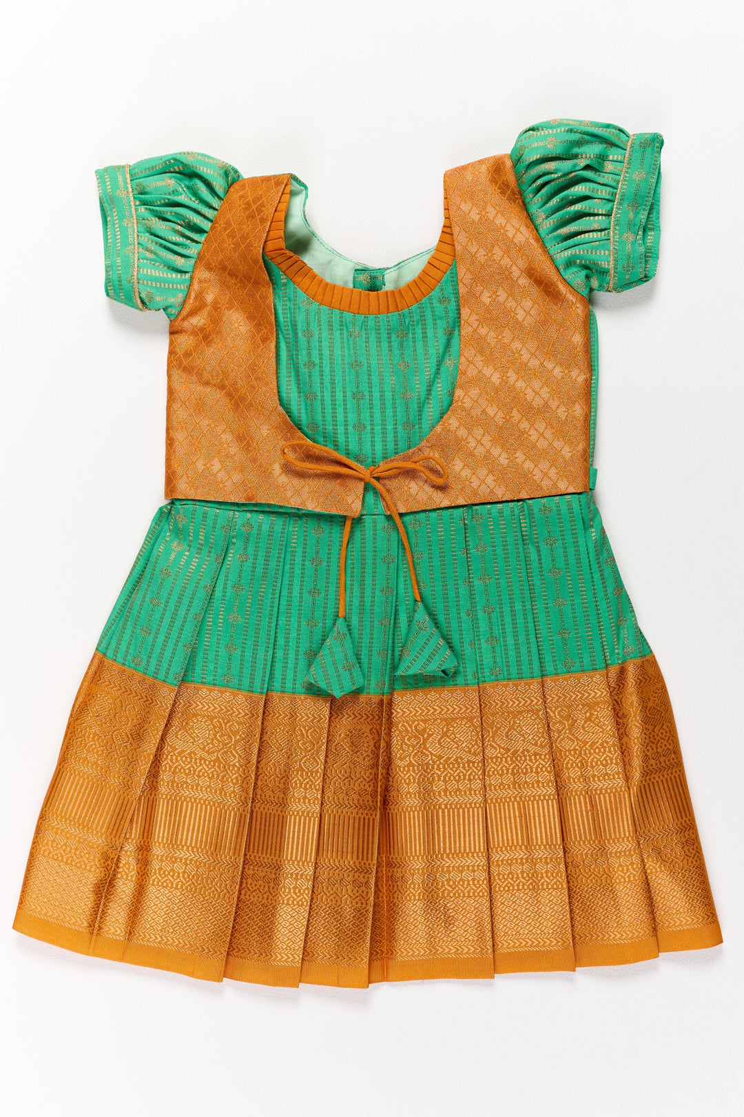 The Nesavu Girls Kanchi Silk Frock Elegant Green and Gold Pattu Full Frock for Girls with Traditional Zari Weaving Nesavu 16 (1Y) / Green / Style 1 SF820GA-16 Elegant Green Gold Pattu Full Frock Girls Traditional Zari Weaving | The Nesavu