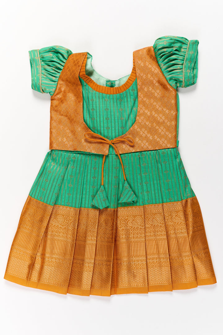 The Nesavu Girls Kanchi Silk Frock Elegant Green and Gold Pattu Full Frock for Girls with Traditional Zari Weaving Nesavu 16 (1Y) / Green / Style 1 SF820GA-16 Elegant Green Gold Pattu Full Frock Girls Traditional Zari Weaving | The Nesavu