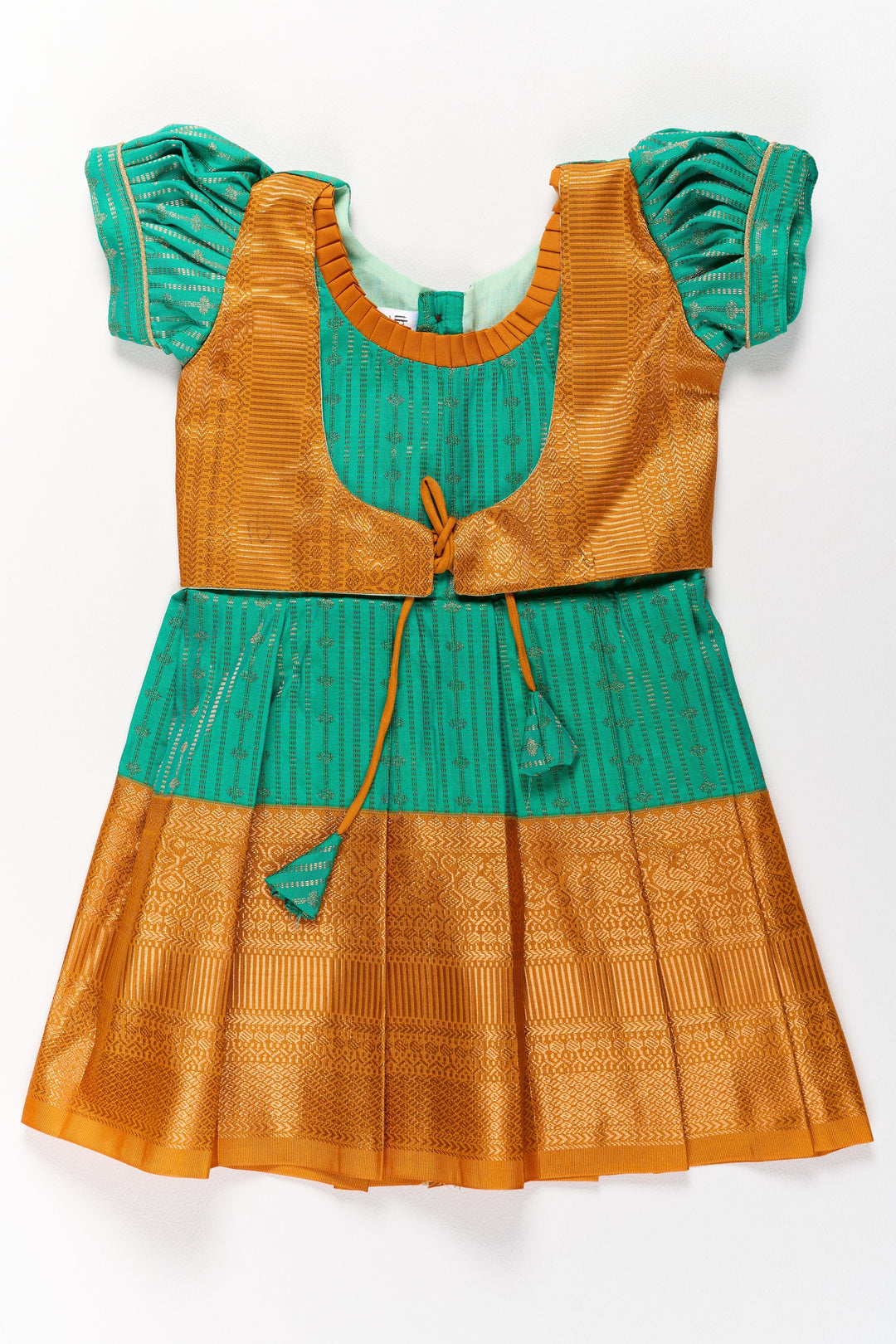 The Nesavu Girls Kanchi Silk Frock Elegant Green and Gold Pattu Full Frock for Girls with Traditional Zari Weaving Nesavu 16 (1Y) / Green / Style 3 SF820GC-16 Elegant Green Gold Pattu Full Frock Girls Traditional Zari Weaving | The Nesavu