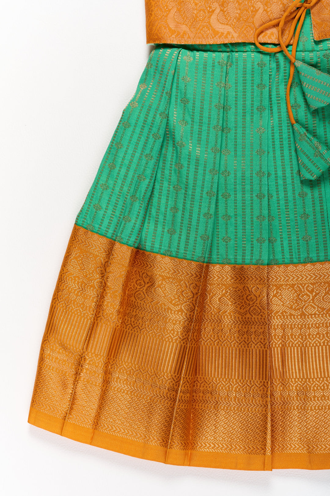 The Nesavu Girls Kanchi Silk Frock Elegant Green and Gold Pattu Full Frock for Girls with Traditional Zari Weaving Nesavu Elegant Green Gold Pattu Full Frock Girls Traditional Zari Weaving | The Nesavu