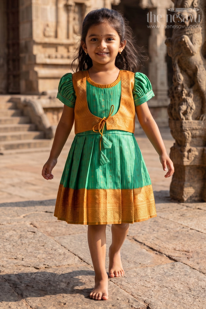 The Nesavu Girls Kanchi Silk Frock Elegant Green and Gold Pattu Full Frock for Girls with Traditional Zari Weaving Nesavu Elegant Green Gold Pattu Full Frock Girls Traditional Zari Weaving | The Nesavu