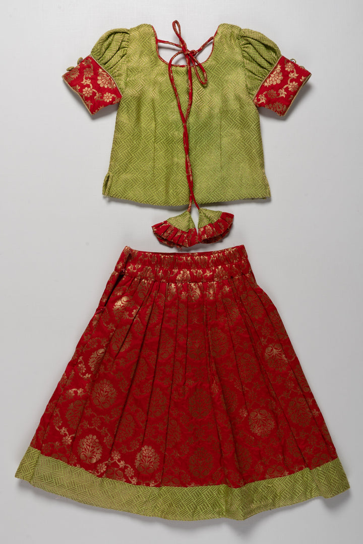 The Nesavu Pattu Pavadai Elegant Green and Red Girls Pattu Pavadai - Traditional South Indian Attire Nesavu Elegant Green and Red Girls Pattu Pavadai | Traditional South Indian Attire | The Nesavu