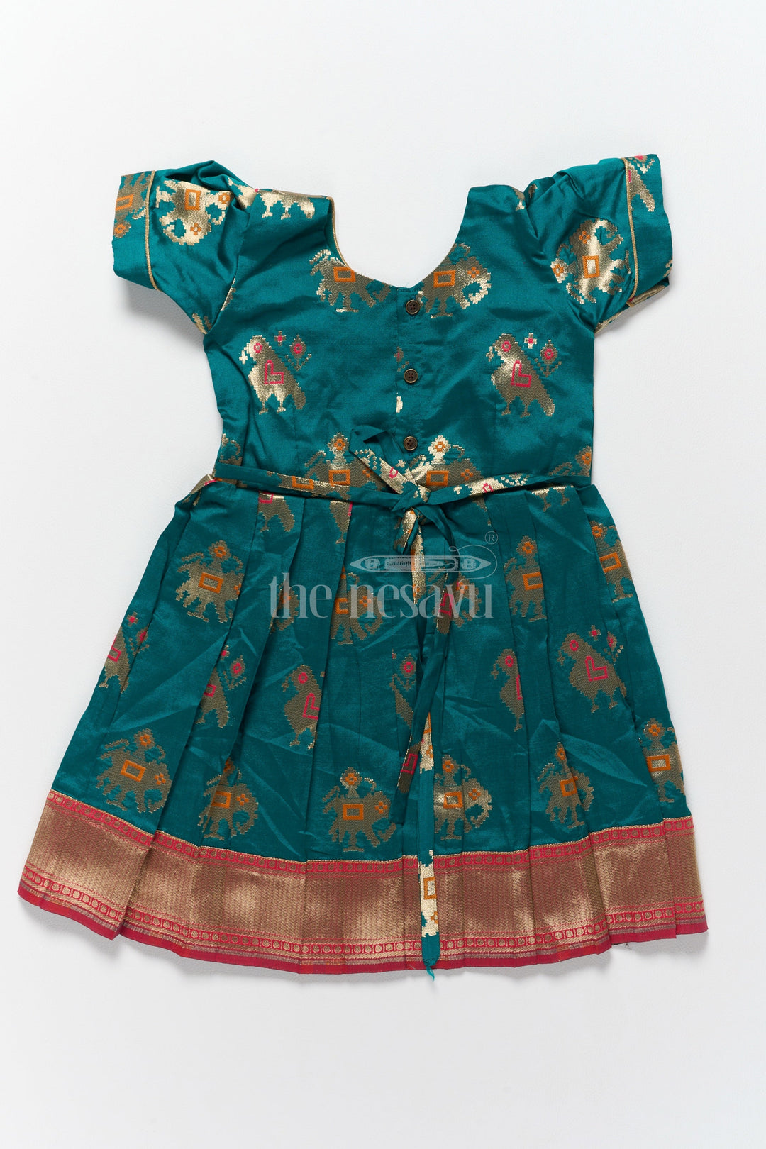 The Nesavu Silk Frock Elegant Green and Red New Model Frocks for Girls with Intricate Jacquard Silk Design Nesavu Nesavus Green Red New Model Jacquard Silk Frocks Girls Golden Highlights